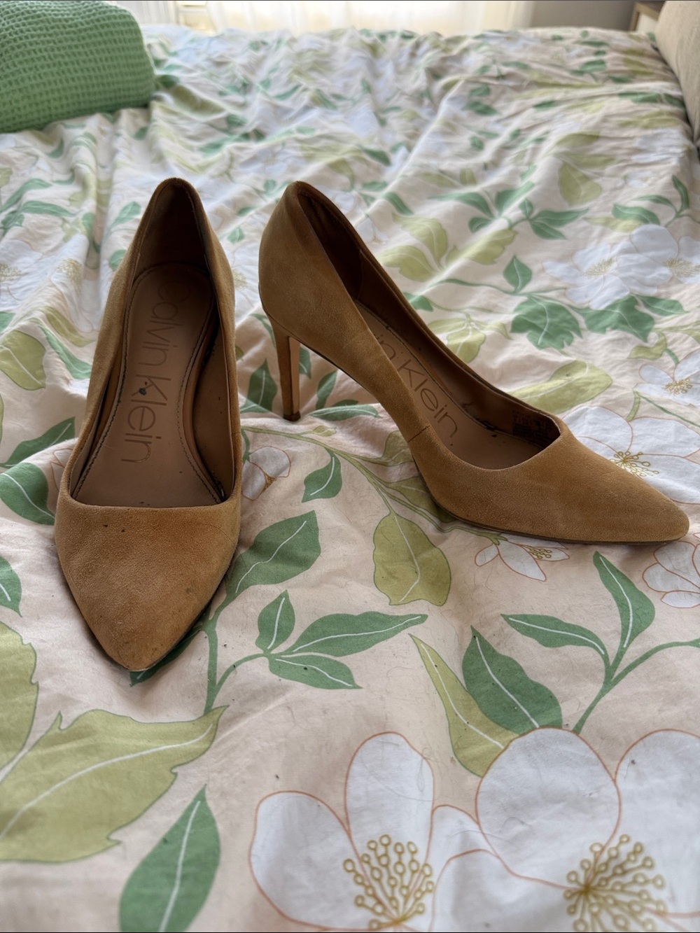 Calvin Klein Kirstin Suede Pointed Toe Pumps in Tan